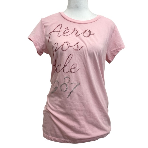 Aeropostale Pink 1987 Rhinestone Logo Basic Short Sleeve Tee T-Shirt - Picture 1 of 9